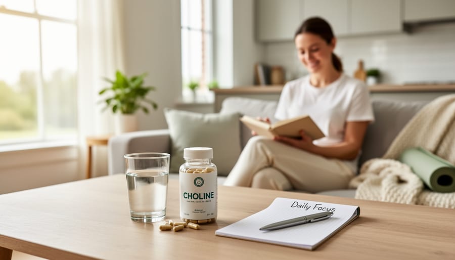 Person seated at a desk with a glass of water, illustrating a calm daily wellness routine.
