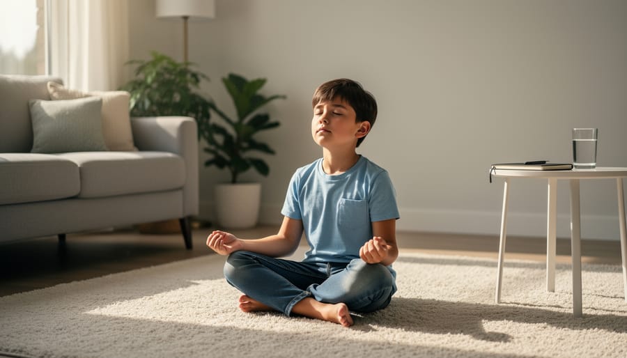 A child sits cross-legged with eyes closed in a calm, quiet room practicing mindfulness.