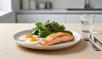 Plate with choline-rich foods including eggs, salmon, and leafy greens on a light wooden table.