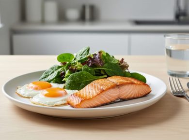 Plate with choline-rich foods including eggs, salmon, and leafy greens on a light wooden table.