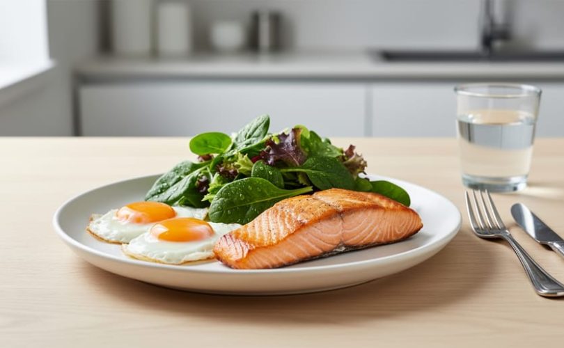 Plate with choline-rich foods including eggs, salmon, and leafy greens on a light wooden table.