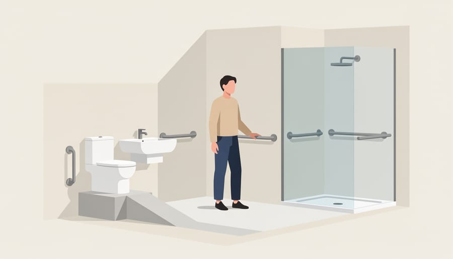 Hand resting on a toilet safety frame in an accessible bathroom
