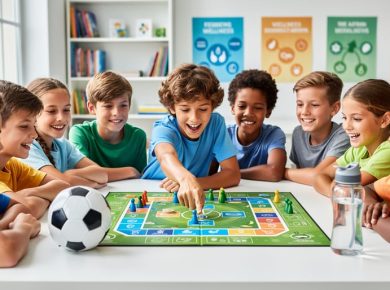 Diverse 10–12-year-old kids playing an educational health and wellness game at a table with a ball and water bottle nearby.