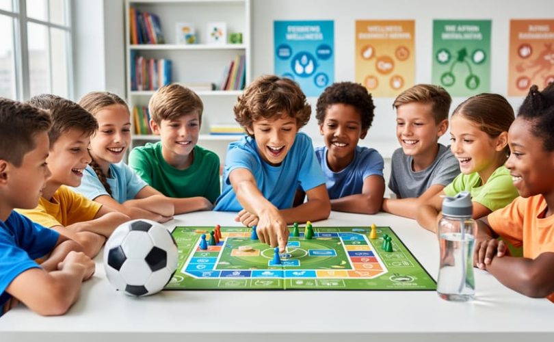 Diverse 10–12-year-old kids playing an educational health and wellness game at a table with a ball and water bottle nearby.