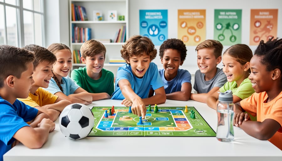 Diverse 10–12-year-old kids playing an educational health and wellness game at a table with a ball and water bottle nearby.