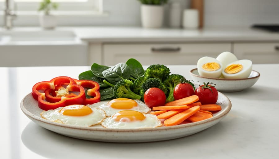 Plate of eggs and leafy greens on a table, representing food sources of choline.