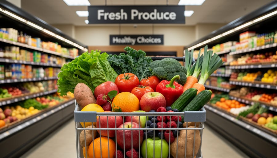 A family selecting colorful fruits and vegetables in a grocery cart in a supermarket.