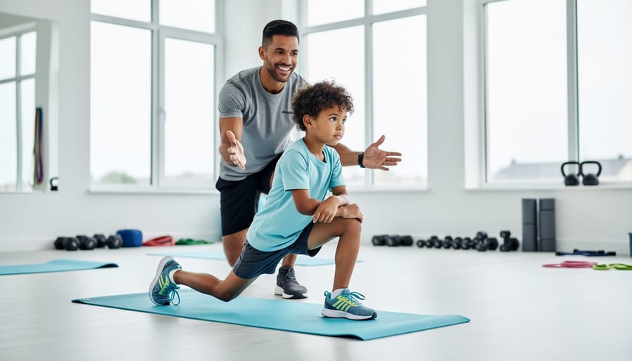 A child performs a supported lunge while an adult stands nearby in an indoor workout setting.