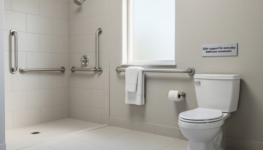 Close-up of a grab bar next to a toilet and shower wall for secure support