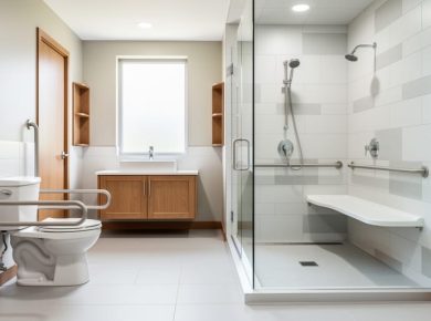 Modern barrier-free bathroom with grab bars near a comfort-height toilet and a curbless walk-in shower with a built-in seat, shown in bright lighting and clean non-slip flooring.