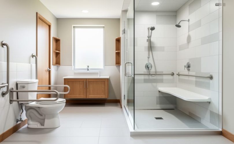Modern barrier-free bathroom with grab bars near a comfort-height toilet and a curbless walk-in shower with a built-in seat, shown in bright lighting and clean non-slip flooring.