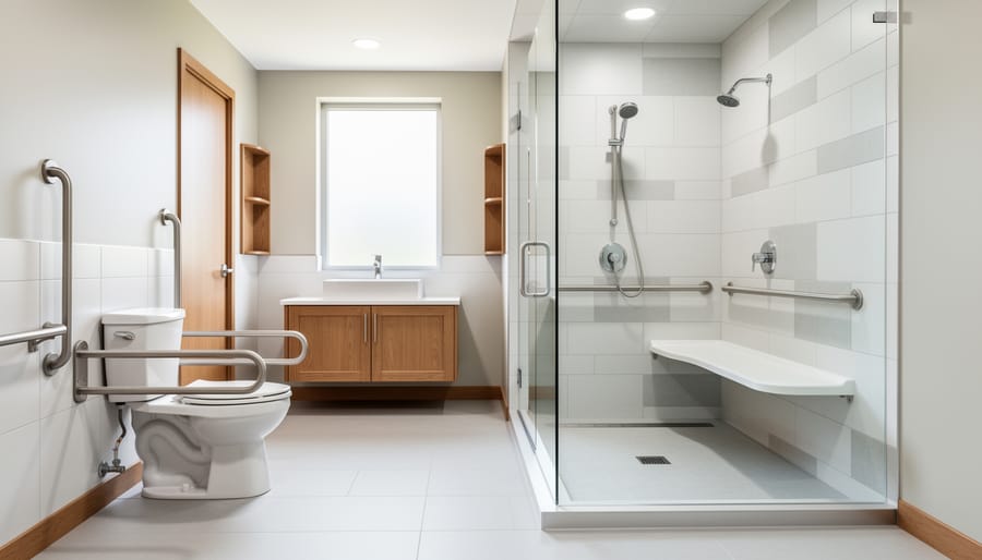 Modern barrier-free bathroom with grab bars near a comfort-height toilet and a curbless walk-in shower with a built-in seat, shown in bright lighting and clean non-slip flooring.