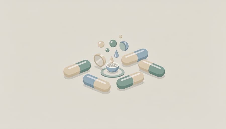Close view of choline supplement capsules in a glass bowl under soft studio lighting.