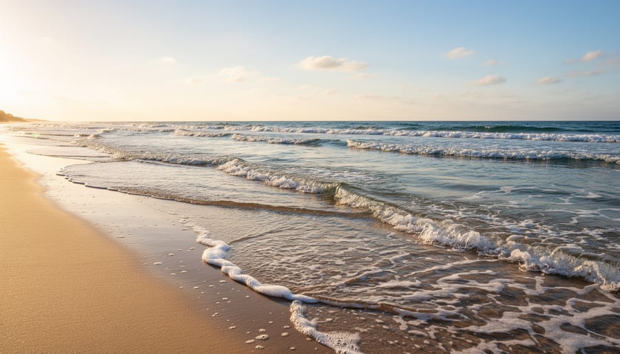 Ocean shoreline with gentle waves washing over sand and stones in the foreground.