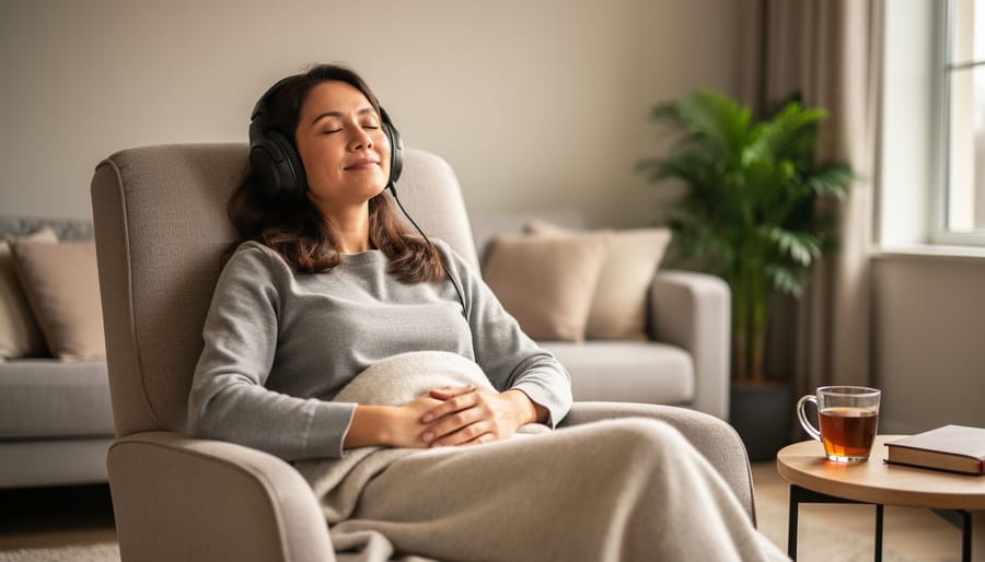 Person sitting calmly on a couch with over-ear headphones on, eyes closed, listening to relaxing music.